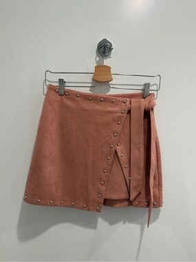 superdown Dusty Rose Suede-Look Wrap Mini Skirt with Studs